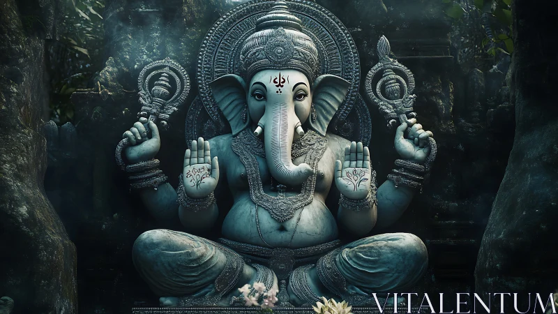 Stone Ganesh statue sits in forest shrine with raised hands