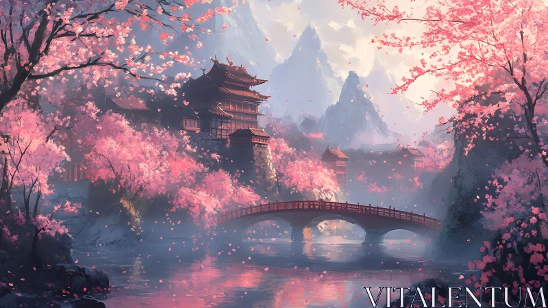 Digital painting of sakura bridge and misted mountain templescape.