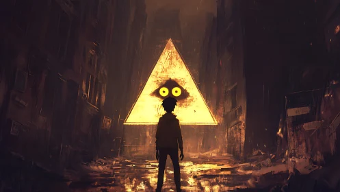 Lone silhouette faces glowing triangle eye in ruins.