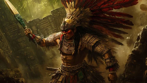 Dynamic warrior portrait in ornate Mesoamerican armor design.