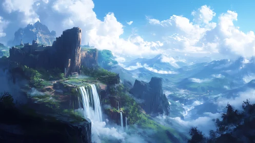 Vertical cliff citadel overlooks tiered waterfalls and misty valley