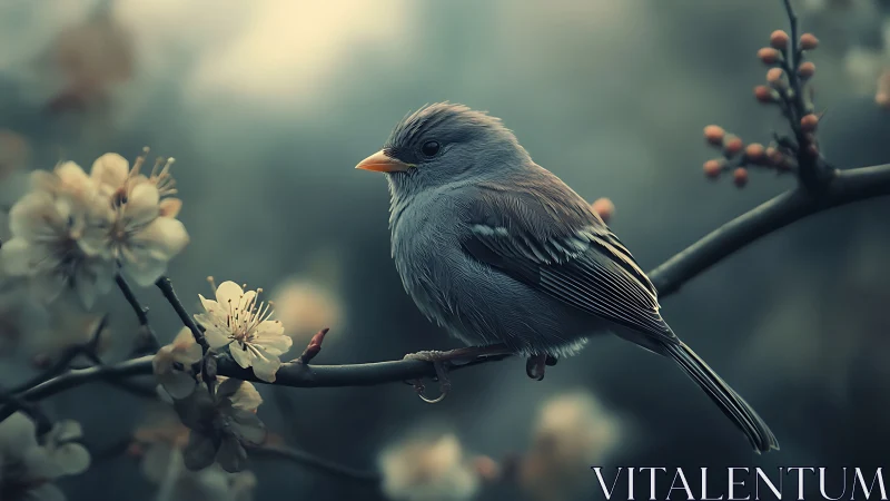 Delicate Songbird on Blossoming Branch in Soft Dreamy Light.