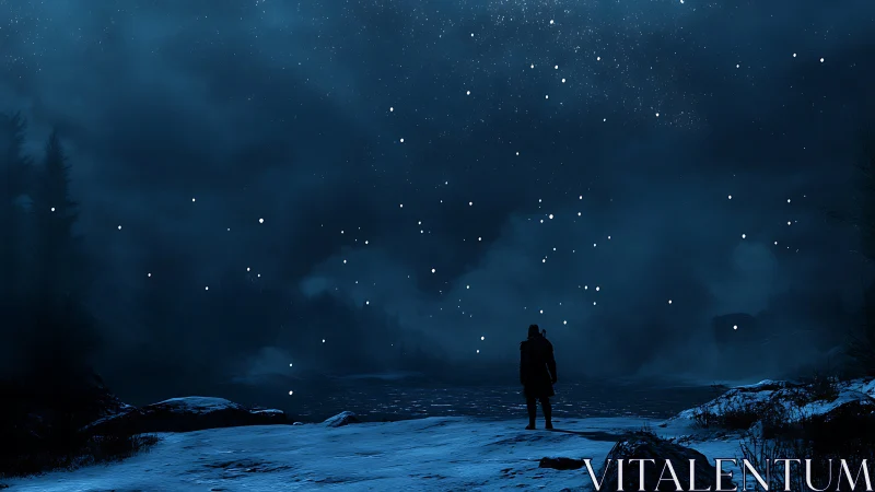 Silhouetted figure stands on snowy shore under dense starfield