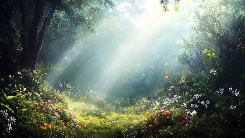 Enchanted Forest Glade with Radiant Sunrays and Blossoms.