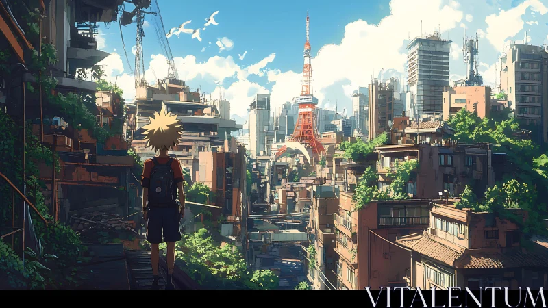 Boy observes dense urban skyline with overgrown vegetation