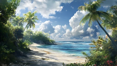 Tropical Coastal Paradise With Palms, Sandy Beach, Turquoise Waters