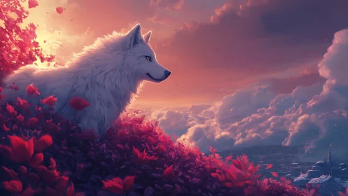 White wolf above crimson valley under glowing sunset sky.