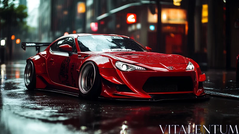 Sleek red street racer glowing on a rainy city night.