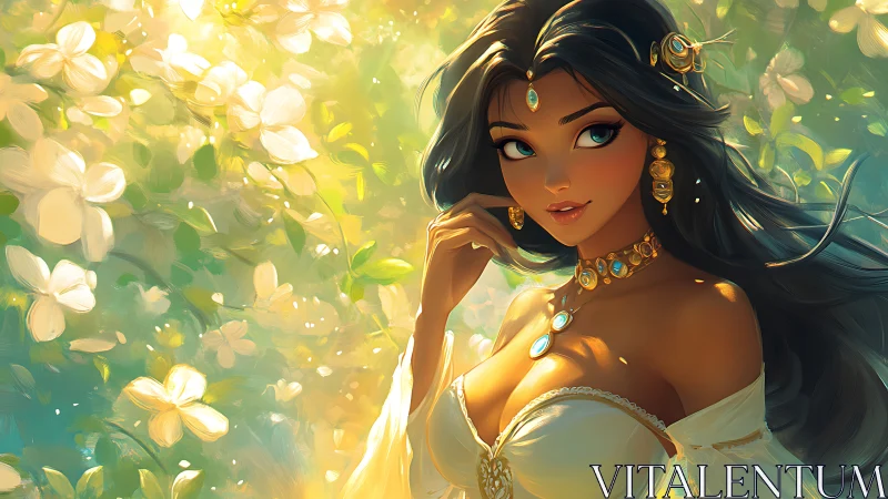 Dark haired fantasy woman stands in glowing floral garden