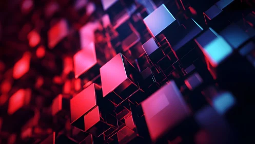 Abstract 3D Cubes with Red and Blue Neon Lighting in Digital Style.
