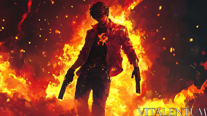 Gunfighter strides through inferno in blazing silhouette.