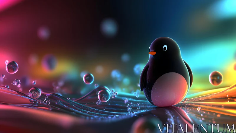Cute Cartoon Penguin in Vibrant Neon Digital Art Scene.