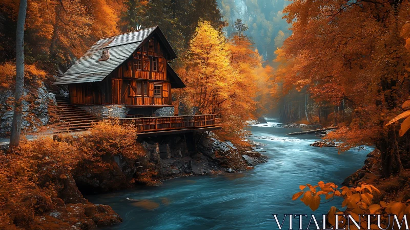 Riverside cabin glows in vivid autumn forest serenity