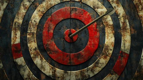 Arrow pierces weathered red and white archery target center