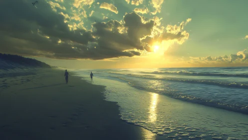 Sunset over quiet beach with two distant walking figures.