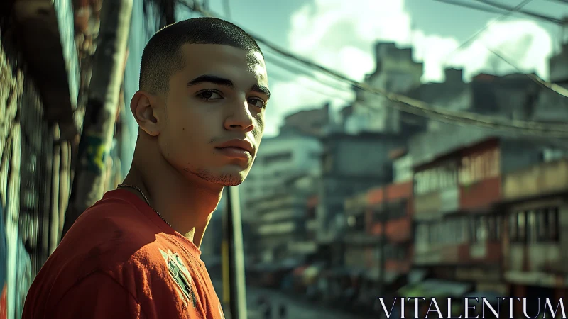 Streetlit gaze in green-gold city haze, quiet defiance.