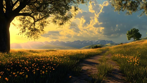 Golden meadow path at sunset beneath distant mountains.