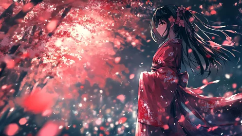 Kimono girl stands in glowing cherry blossom twilight dream