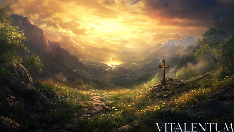Golden valley at sunrise with solitary cross on hillside path