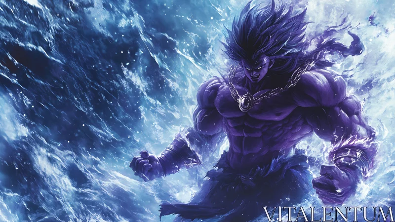 Purple muscular figure emerges amid turbulent blue energy field