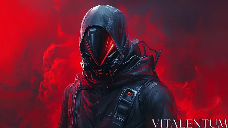 Hooded futuristic figure in black armor with red smoke field.