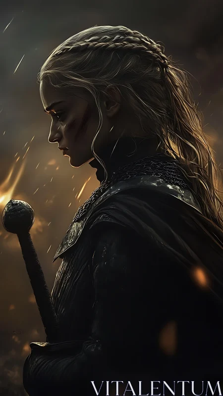 Battle-scarred warrior in profile holds sword amid embers