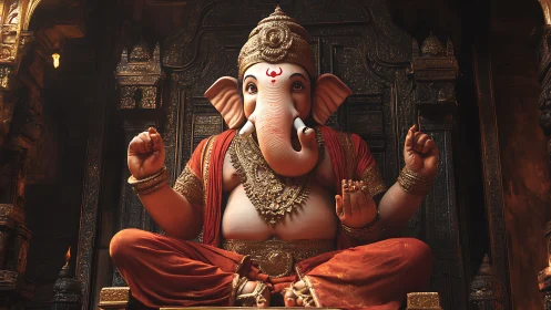 Lord Ganesha idol in ornate golden temple sanctum.
