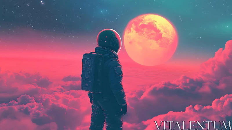 Neon astronaut adrift above candy clouds and coral moon.