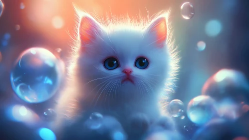 Luminous White Cat Surrounded by Iridescent Bubbles.