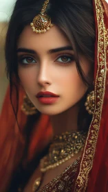 Bridal portrait captures ornate gold jewelry and red veil