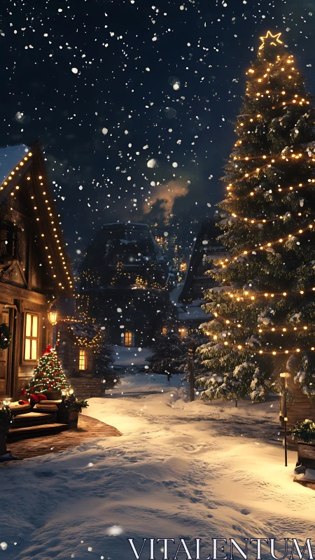 Photorealistic snowy village with illuminated Christmas tree.