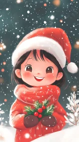 Smiling child in Santa hat holding winter greenery.