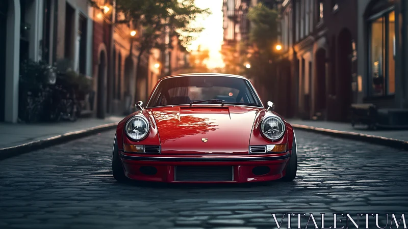 Scarlet classic sports car glows against cobblestone twilight.