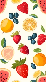 Seamless pattern with assorted stylized fruit and leaves.