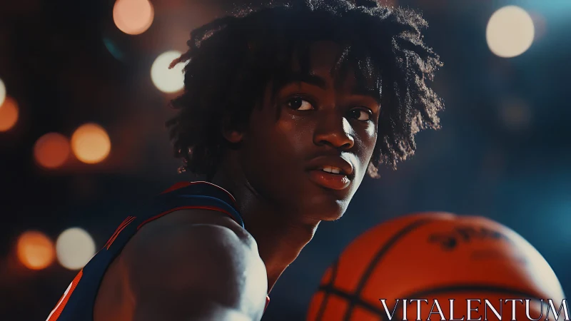 Focused young basketball player under cinematic arena lights.
