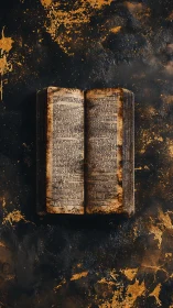 Worn open book lies centered on dark marbled surface