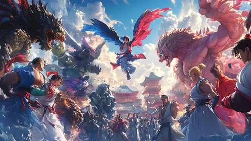 Martial heroes clash with towering beasts over sunlit citadel.