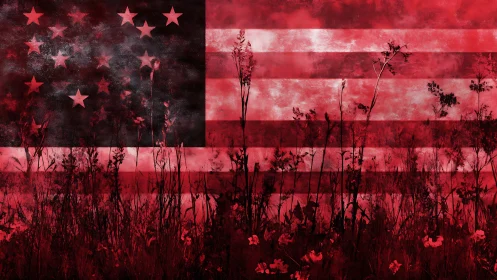 Grunge American flag overlay with dark wildflower silhouettes.