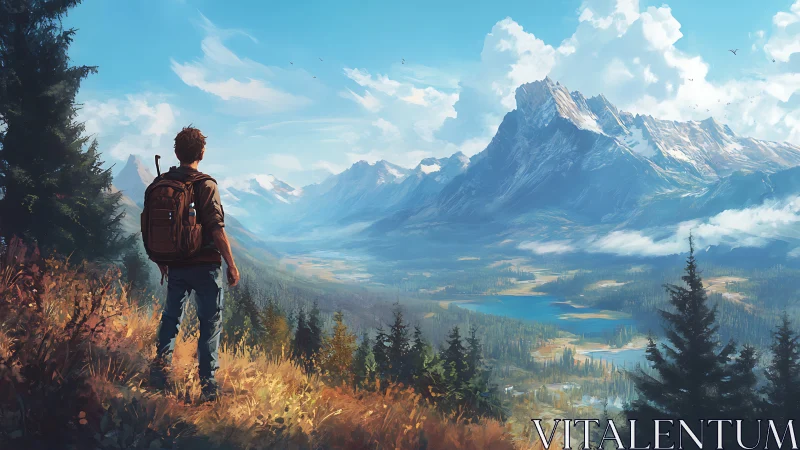 Hiker observing expansive mountain valley landscape scene.