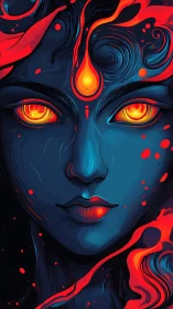 Fiery eyed goddess portrait in neon blue and red flames.