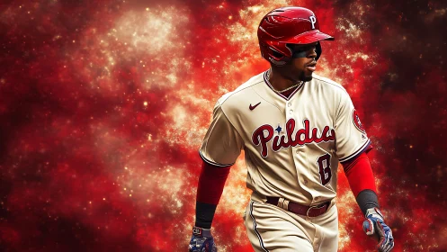Digital portrait of baseball player with cosmic red nebula backdrop