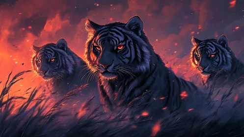 Three Bengal Tigers Ablaze in Inferno Skies