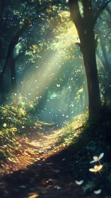 Luminescent forest pathway bathed in golden light.