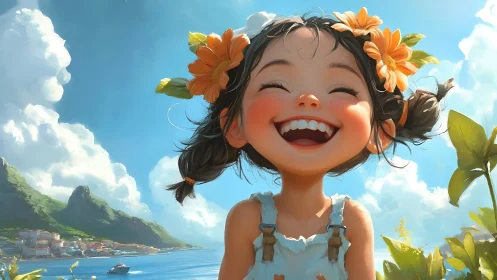 Smiling girl radiates joy on a bright coastal summer day