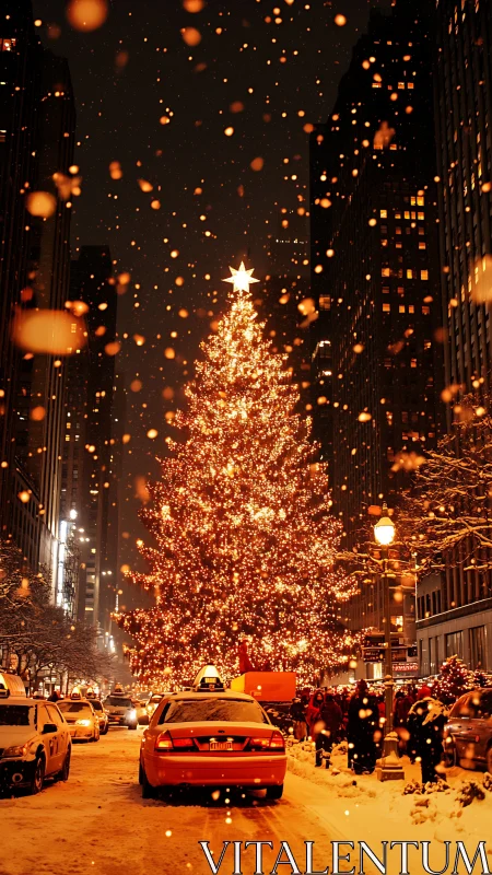 City taxis queue beneath a blazing Christmas star tree