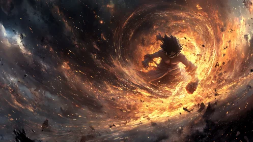 Fiery anime hero swirling through a storm of blazing power.