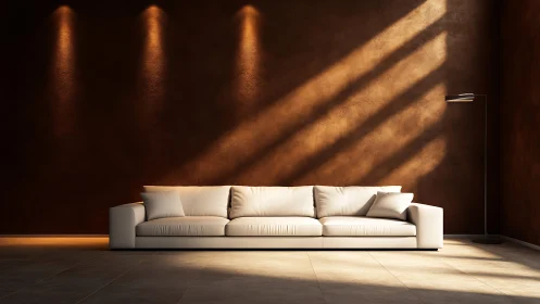 Minimalist living room with long white sofa and light.