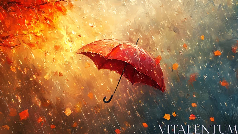 Red umbrella in autumn rain with falling golden leaves.