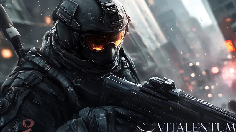 Futuristic armored soldier with rifle in urban conflict zone.