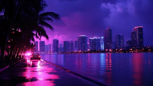 Neon lit waterfront city skyline at night in purple tones.